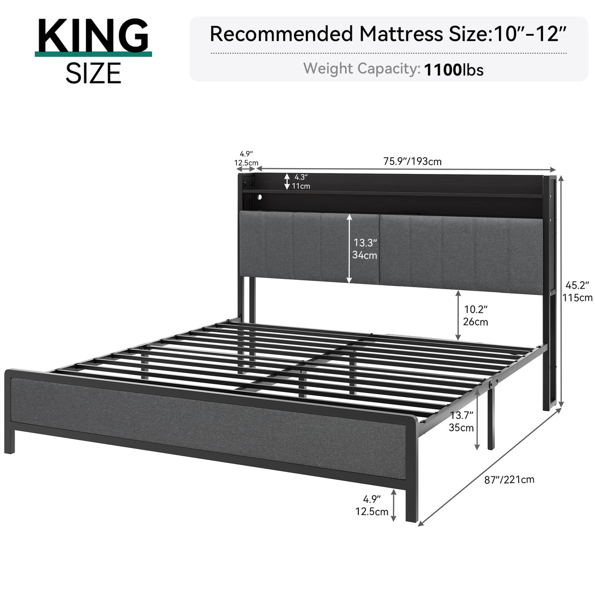 YITAHOME King Size Bed Frame, LED Bed Frame with Storage Headboard, Platform Upholstered Bed with Charging Station, Heavy-Duty Metal Slats, No Box Spring Needed, Fast Assembly - Gray YITAHOME