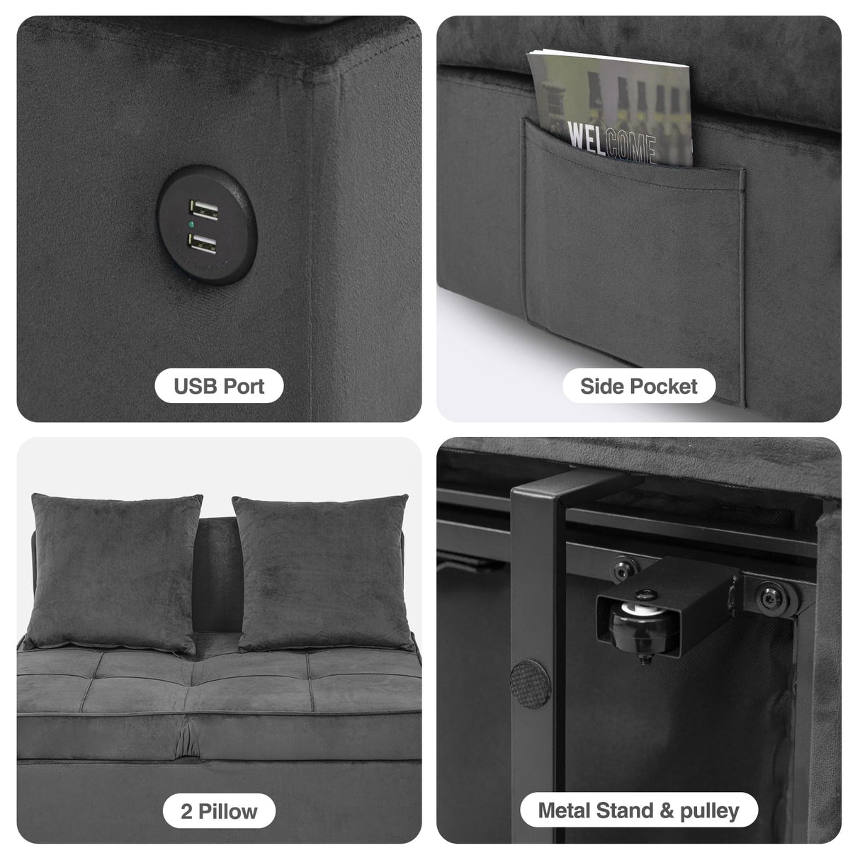 Convertible Sofa Bed 4-in-1 Velvet Sleeper Sofa Chair Bed Pull Out Futon Couch Bed with USB Ports 5 Adjustable Backrest and Pillow Fold Out Ottoman Bed for Adults Small Spaces Living Room, Dark Grey FiveWillowise
