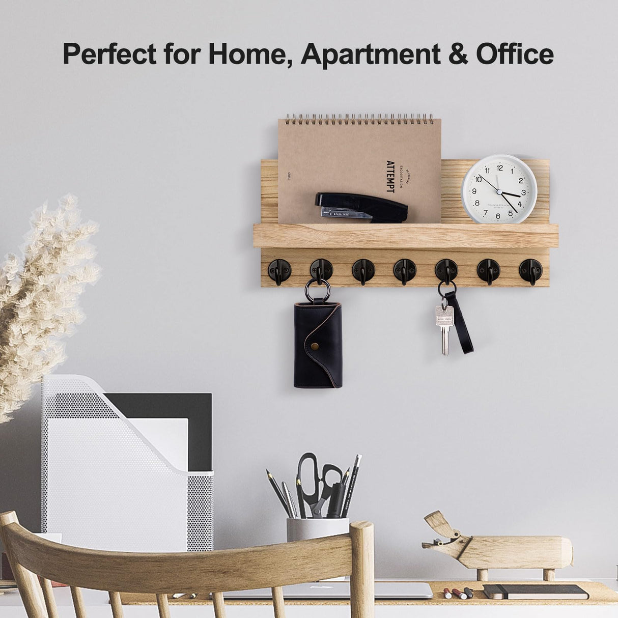 Lwenki Key Holder Wall Mount, Entryway Key and Mail Holder with 7 Sturdy Hooks for Sunglasses, Dog Leash, Decorative Wall Shelf with Mounting Hardware, 15”W x 6.7”H x 4.2”D (Wood) Lwenki