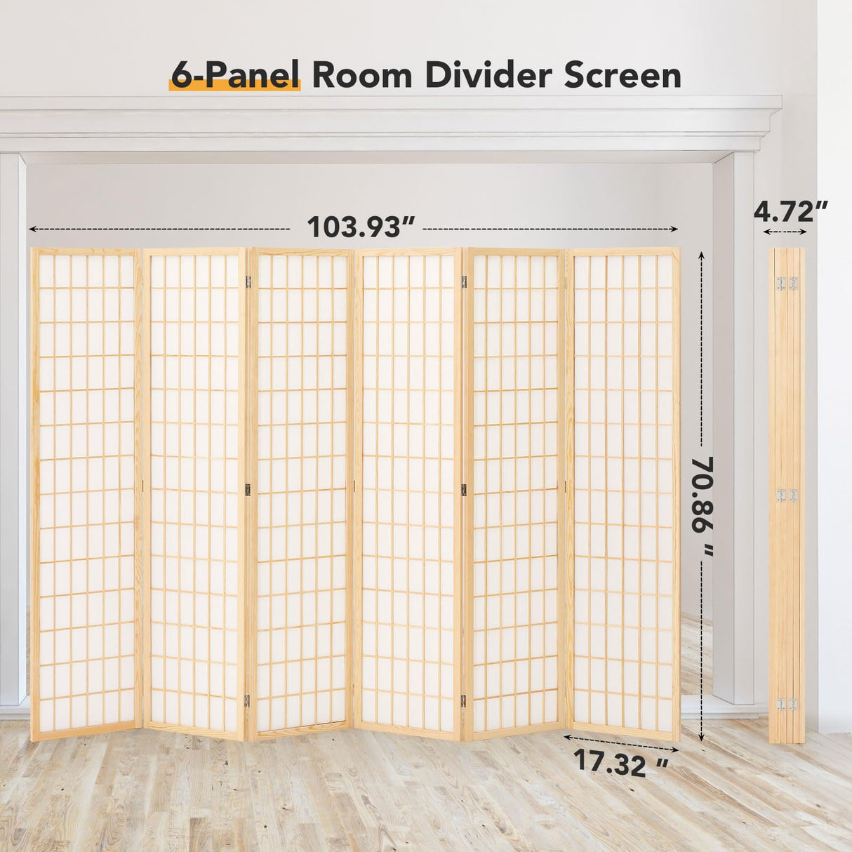 JOSTYLE Room Divider Wall Shoji Screen, 6 Panel Folding Privacy Screen for Room Separation, Japanese Wood Room Divider Screen, 5.9 Ft, Natural JOSTYLE