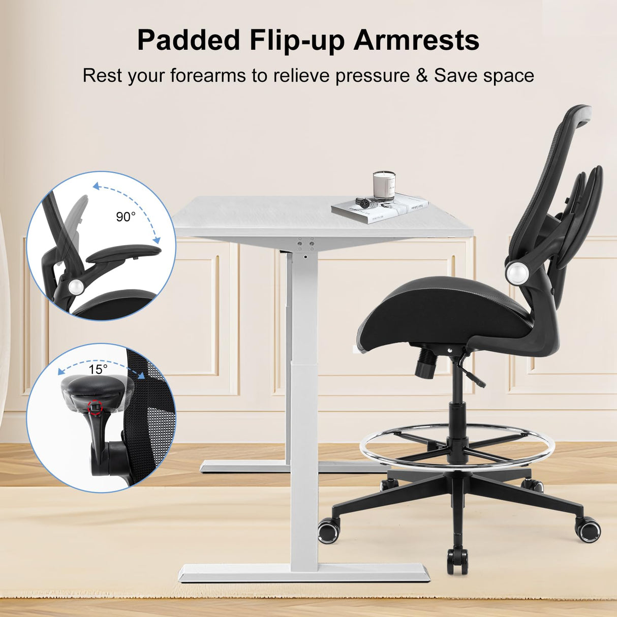 HOMIFYCO Drafting Chair, Tall Office Chair with Flip-up Armrests, Standing Desk Chair Counter Height Office Chairs with Footrest and Adjustable Lumbar Support Black HOMIFYCO