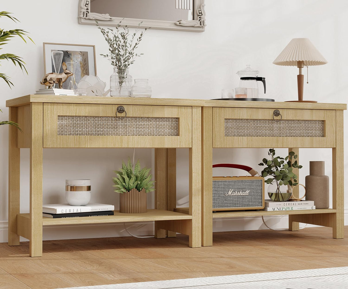 Large Night Stand Set of 2, Bedside Table with Drawers and Open Shelf, Farmhouse Bedroom Nightstand with Charging Station, 27.5" Wide Boho Rattan Side Table for Bedroom, Living Room Arbcoler