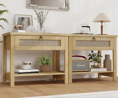 Large Night Stand Set of 2, Bedside Table with Drawers and Open Shelf, Farmhouse Bedroom Nightstand with Charging Station, 27.5" Wide Boho Rattan Side Table for Bedroom, Living Room