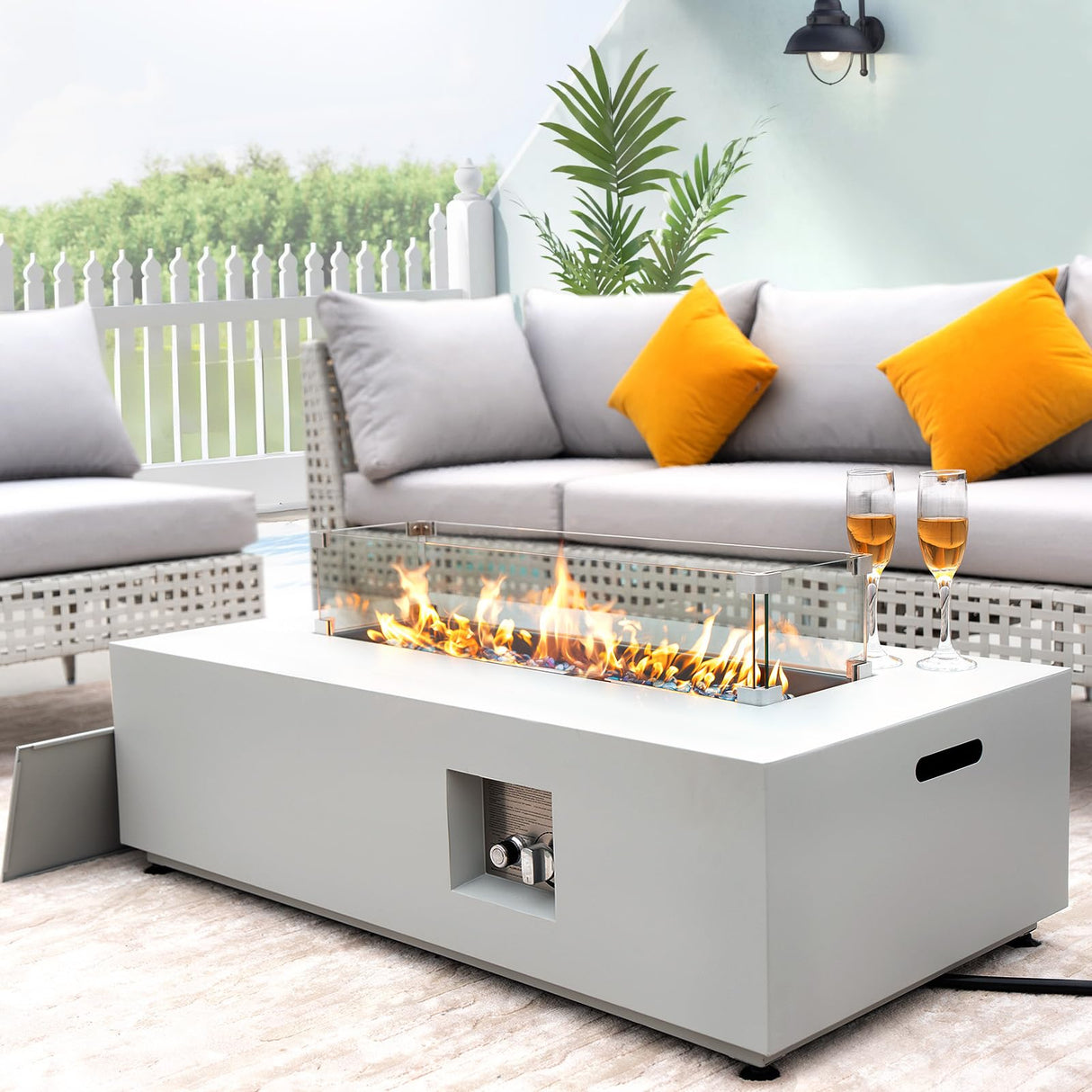 NICESOUL 42'' Outdoor Rectangle Fire Pit Table, Modern Low Profile Patio Firepits with Tank Table, 50,000 BTU Firepit Table for Outside, Exterior, Porch, Backyard or Garden, No Assembly, Grayish white NICESOUL