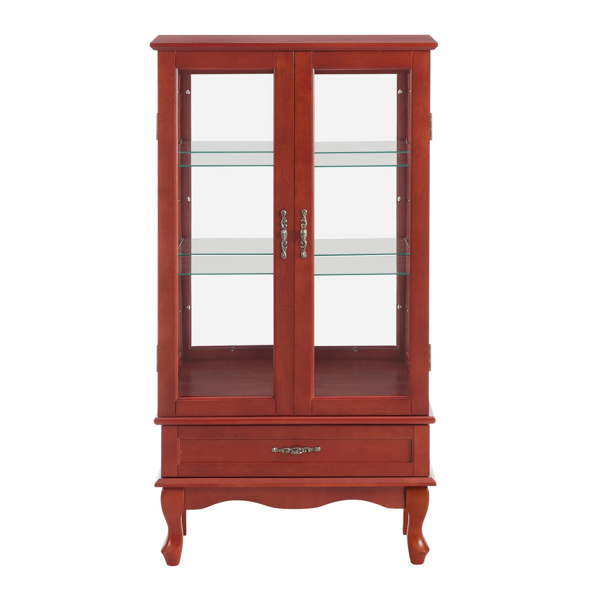 TRJQBCC 49" H Lighted Curio Display Cabinet with 2 Glass Doors & 1 Drawer, Wooden Curio Showcase w/Adjustable Shelves & Mirrored Back Panel, Wine Storage Cabinet Display Case for Living Room (Cherry) TRJQBCC
