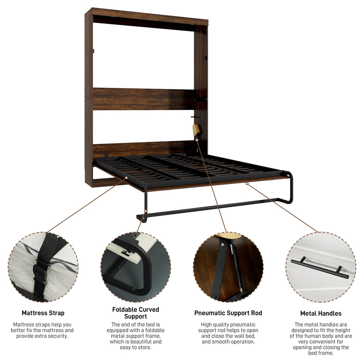 Hlivelood Queen Size Murphy Bed with 2 LED Lights, Farmhouse Wood Hidden Foldable Wall Bed Frame w/Gas Struts, Storage Bed Cabinet for Bedroom, Office, Space-Saving, No Box Spring Needed, Brown Hlivelood