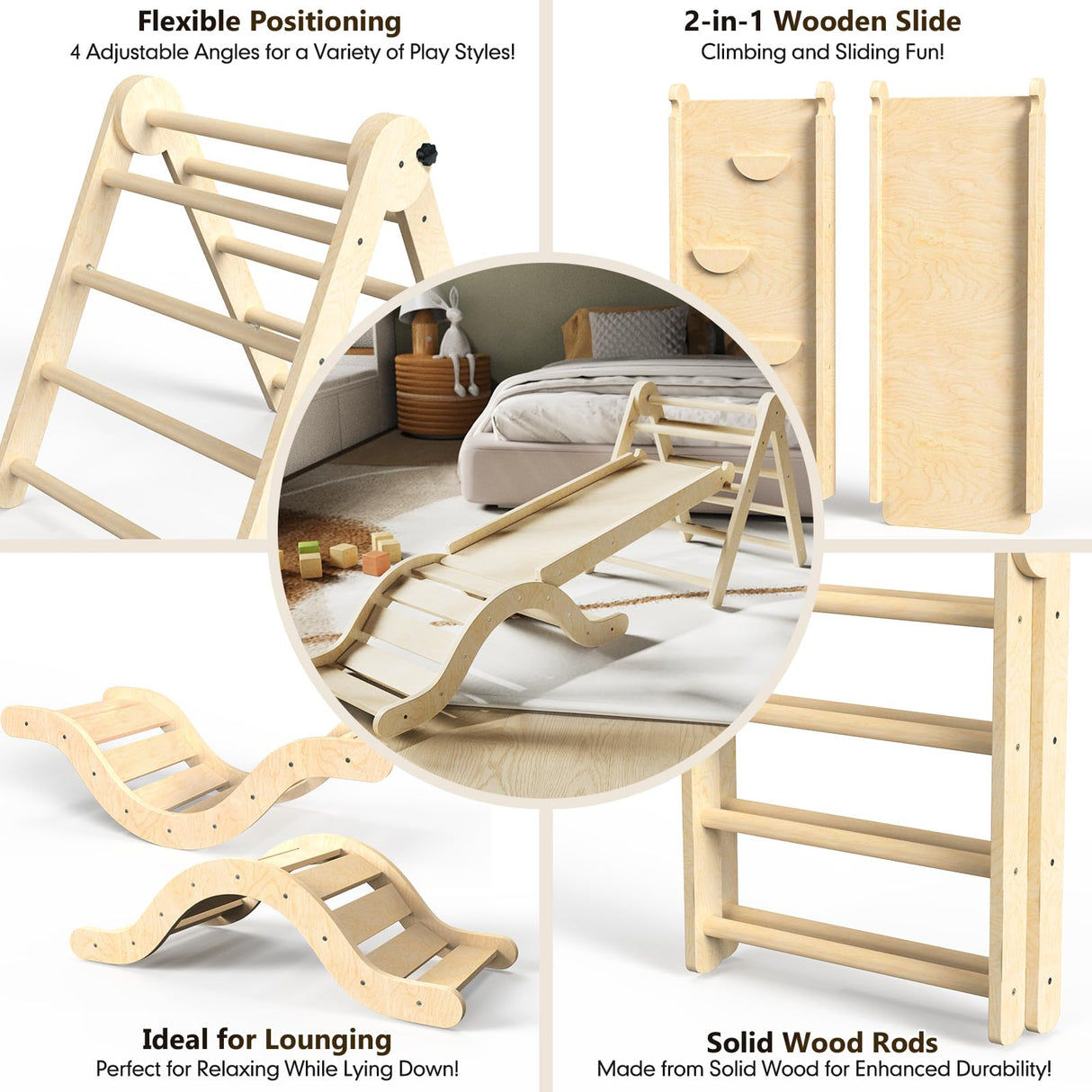 Pikler Triangle Set 7in1 Toddler Climbing Toys Indoor Foldable Baby Climbing Toys Wooden Montessori Climbing Set with Arch, Ramp, Ladder for 1-3 Years, Jungle Gym for Kids (Natural) doowroodni