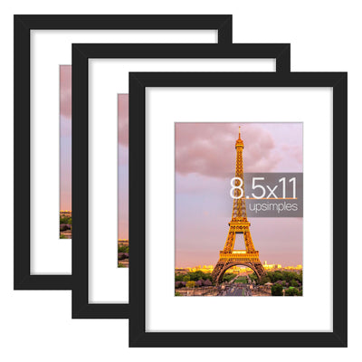 upsimples 8.5x11 Picture Frame Set of 3, Made of High Definition Glass for 6x8 with Mat or 8.5x11 Without Mat, Wall and Tabletop Display Photo Frames, Black