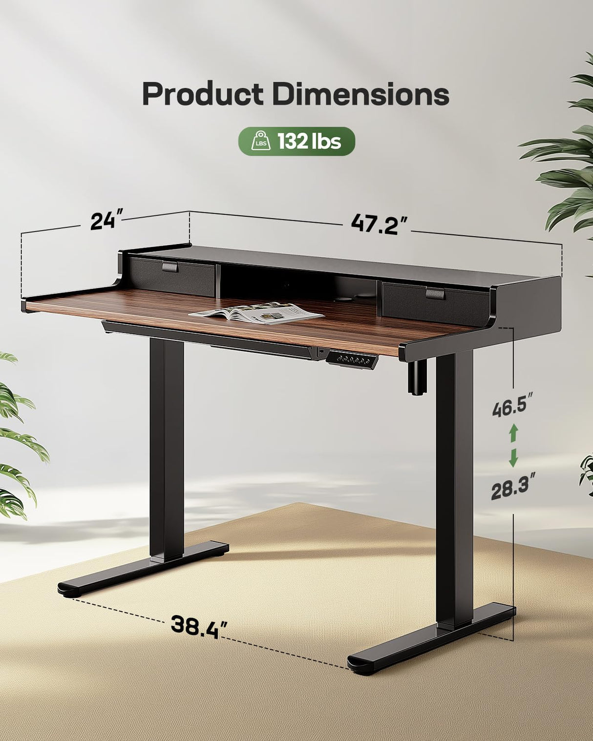 Marsail Electric Standing Desk with Drawers, 48 x 24 Inch Stand Up Desk with Glass Monitor Stand, Height Adjustable Desk with Drawers for Home & Office, 4 Preset Heights, Black Walnut Marsail