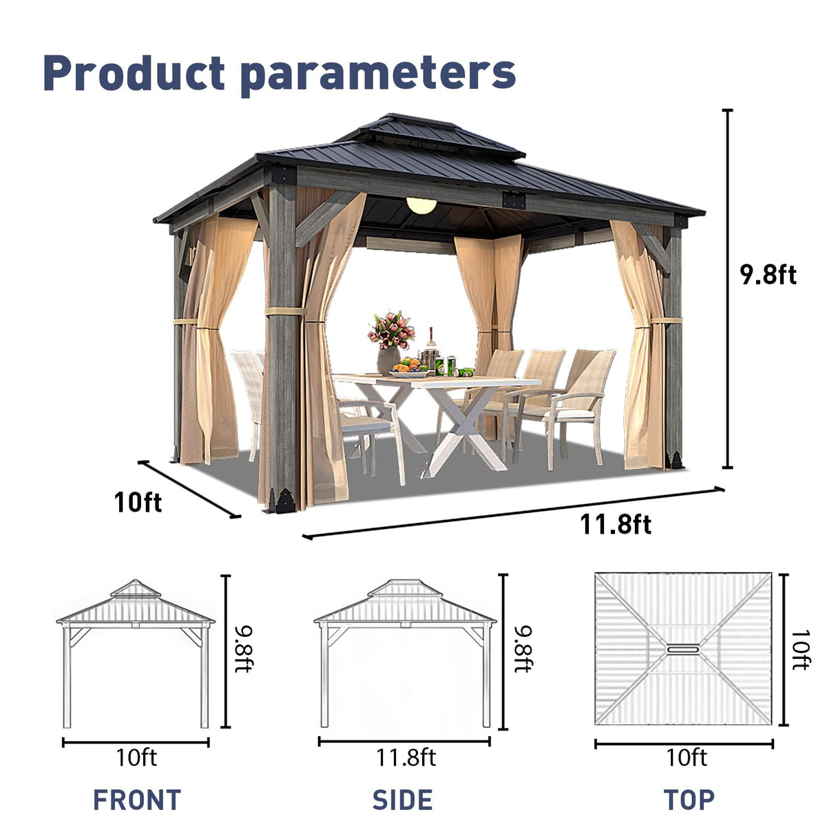 SUNBURY 10'x12' Outdoor Cedar Wood Gazebo, 2-Tier Metal Hardtop Wooden Frame Gazebo for Patio with Privacy Curtains and Mosquito Nettings for Gardens, Lawns, Backyard, Poolside (Grey Frame) SUNBURY
