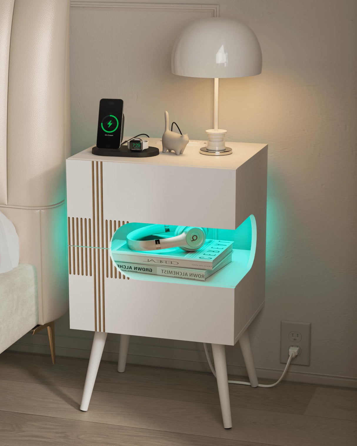JOONEE White Nightstand with Charging Station and LED Lights,Modern Bedside Table with 2 Storage Drawer,Night Stand with Solid Wood Legs,White (White-2) JOONEE