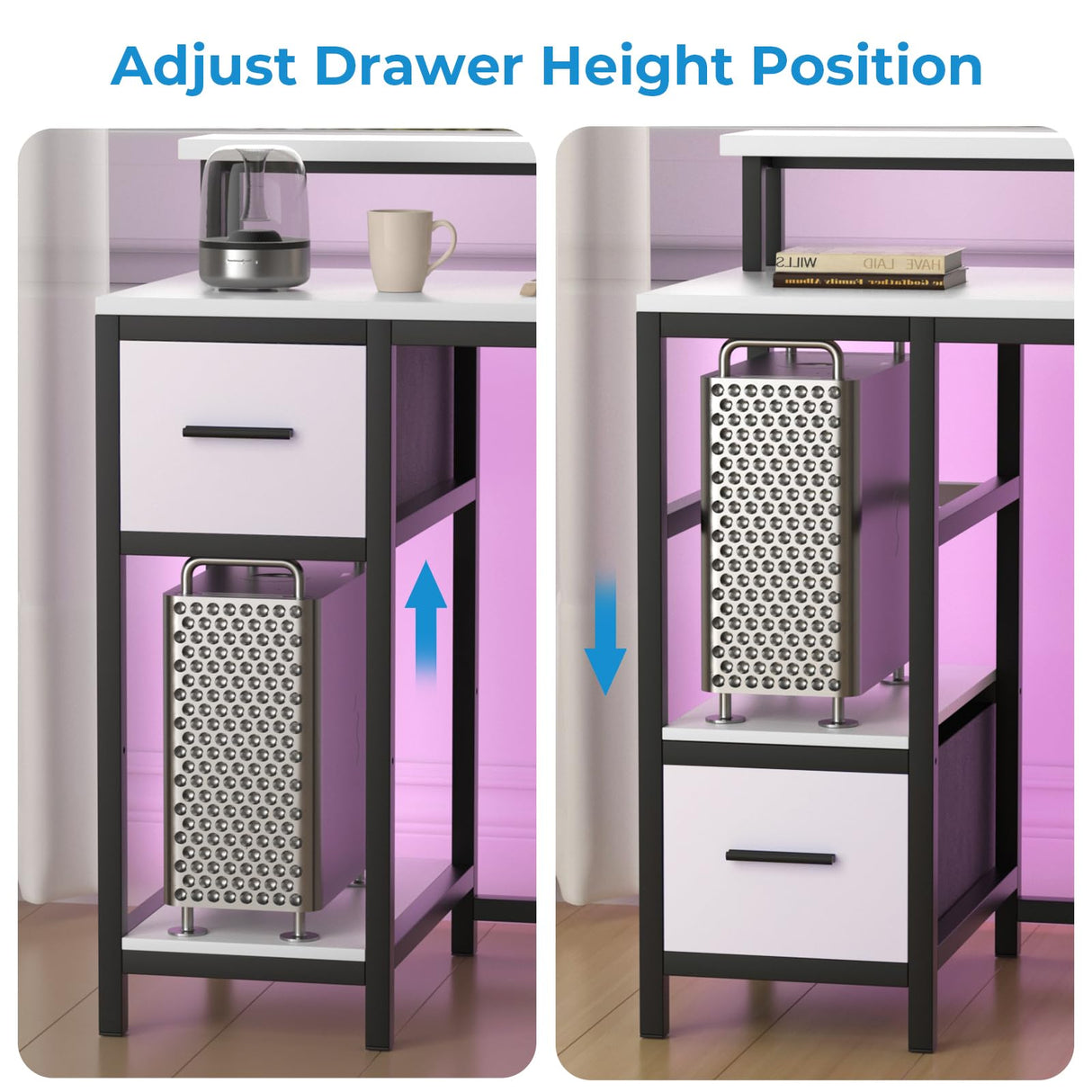 GreenForest White Computer Desk 47 Inch with LED Lights and Monitor Stand, Office Desk with Drawer for Small Spaces, Gaming Desk with Power Outlets and Shelf GreenForest