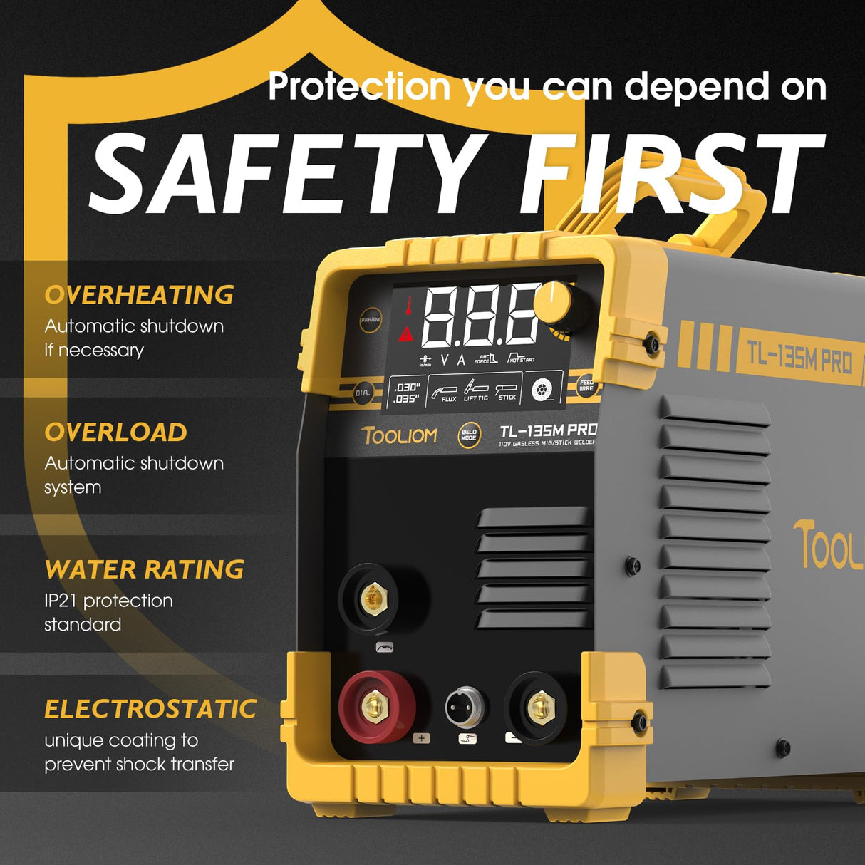 TOOLIOM 135A MIG Welder Flux Core 110V MIG Welder Gasless Flux MIG/Lift TIG/Stick 3 in 1 Welding Machine IGBT DC Inverter with LCD Display TOOLIOM