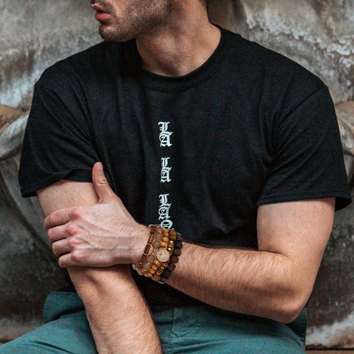 Bohemian Wood Beaded Bracelets for Women Natural Stone Boho Stretch Wooden Bracelet Set Religious Charm Multilayered Bead Strand Elastic Stackable Bracelets Handmade Jewelry Gifts for Men and Women IDEAJOY