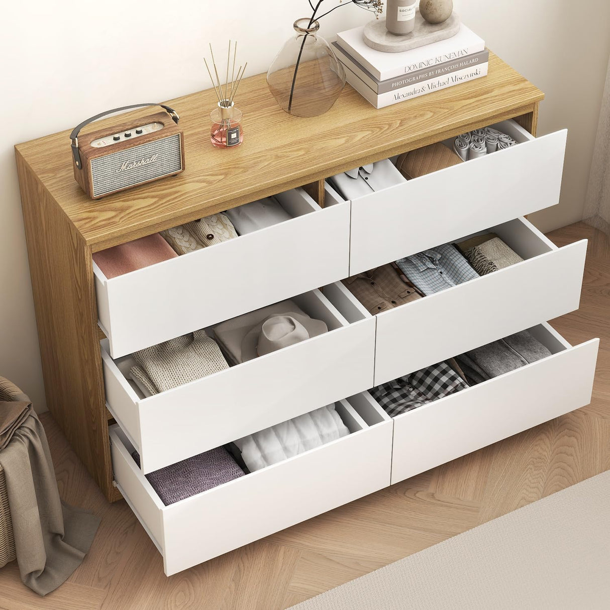 YIGOBUY 6 Drawer Double Dresser, Modern White Wood Chest of Drawers, Wide Natural Wood Dresser for Bedroom, Nursery, Living Room, Large Storage Cabinet YIGOBUY