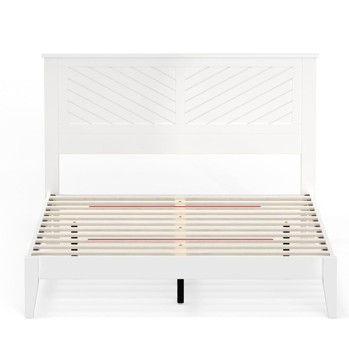 Serene Farmhouse Style Wood Bed Frame in Queen Size with Chevron Scoring Headboard, Coastal Modern Design, Sturdy, Easy Assembly, Ample Underbed Storage, White Finish ComfIQ