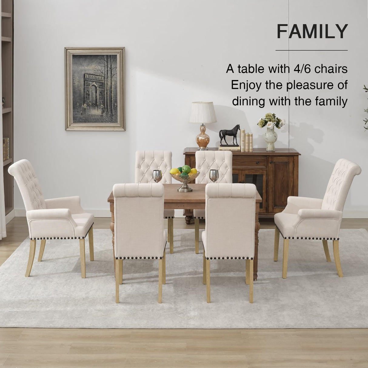 adochr Upholstered Fabric Accent Dining Chair, Elegant Tufted Club Dining Room Kitchen Room Arm Dining Chair, Beige adochr