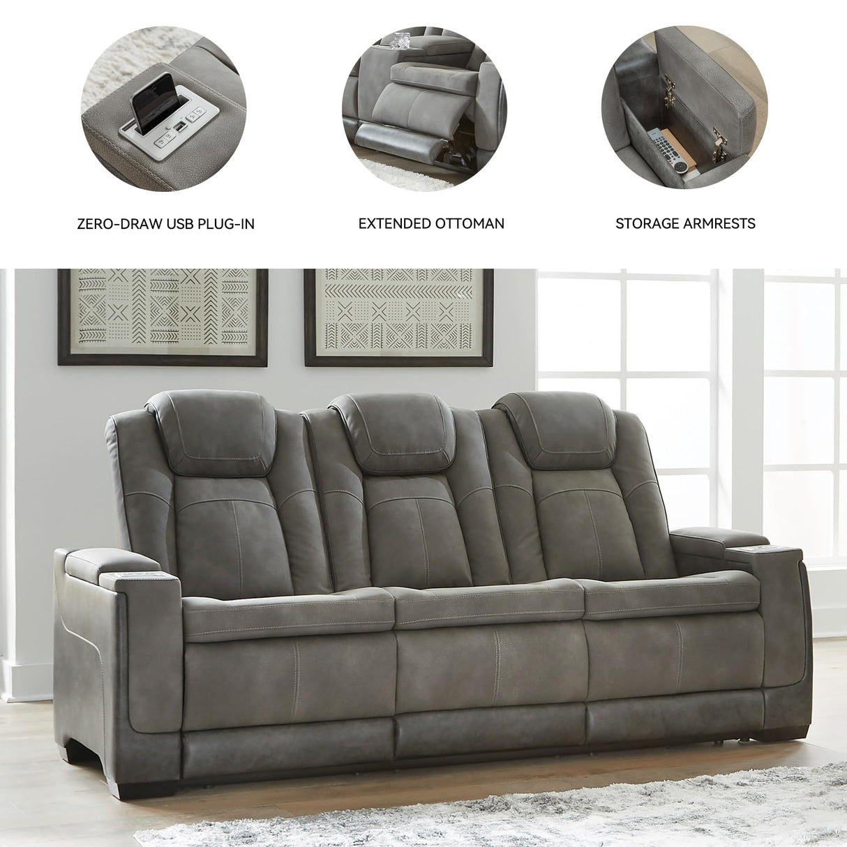 Signature Design by Ashley Next-Gen DuraPella Modern Faux Leather Power Reclining Sofa with Adjustable Headrest, Gray Signature Design by Ashley