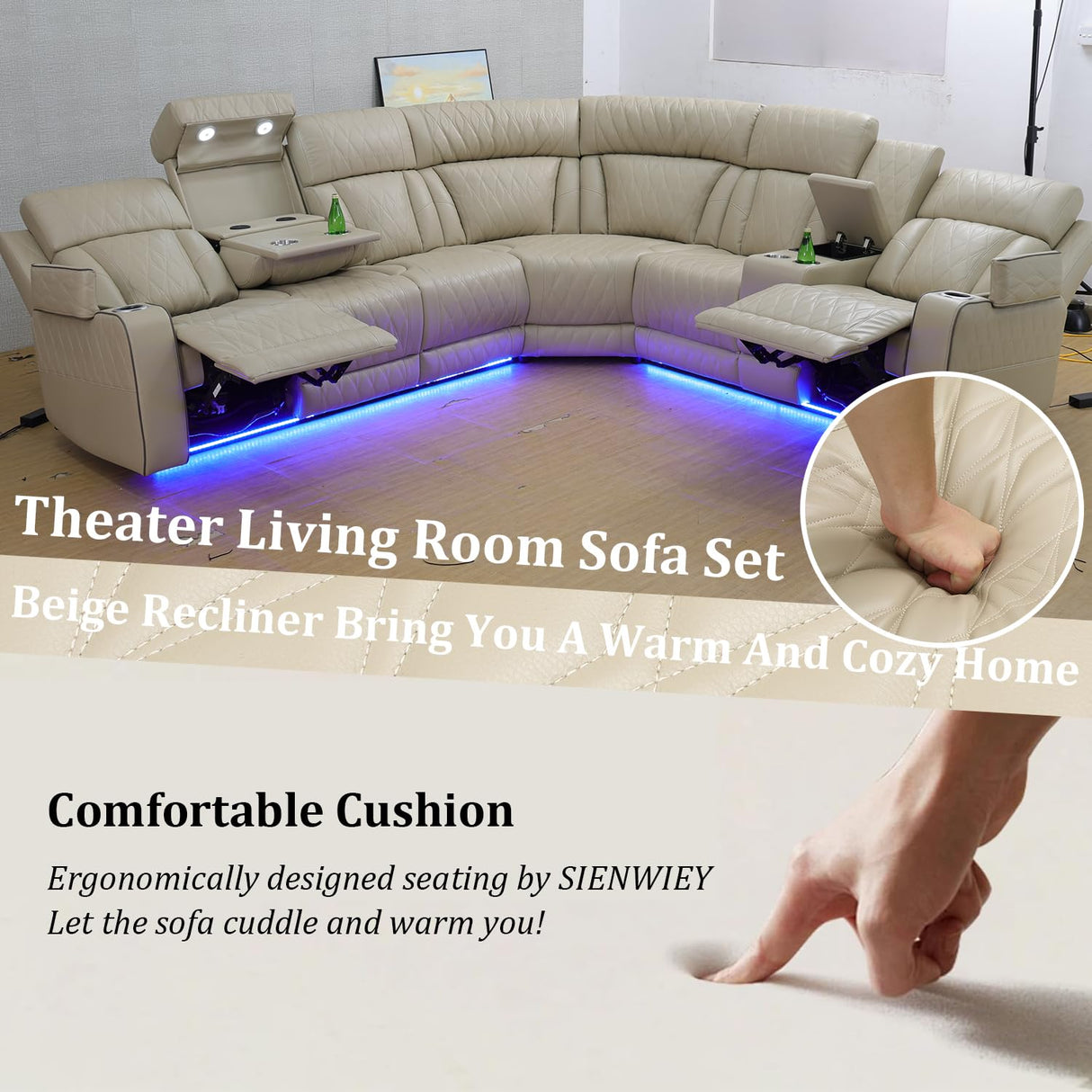 SIENWIEY Power Recliner Sectional Sofa with LED Light,Leather Reclining CornerSectional Couch for Living Room,Corner L Shaped Living Room Sofa Set(Beige,Sectional) SIENWIEY