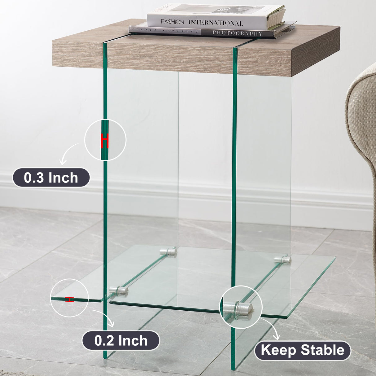 T4TREAM Morden End Table with RGB LED Lights, Tempered Glass and Wood Side Tables for Living Room, Nightstand with Storage Shelves for Bedroom, Natural Oak T4TREAM