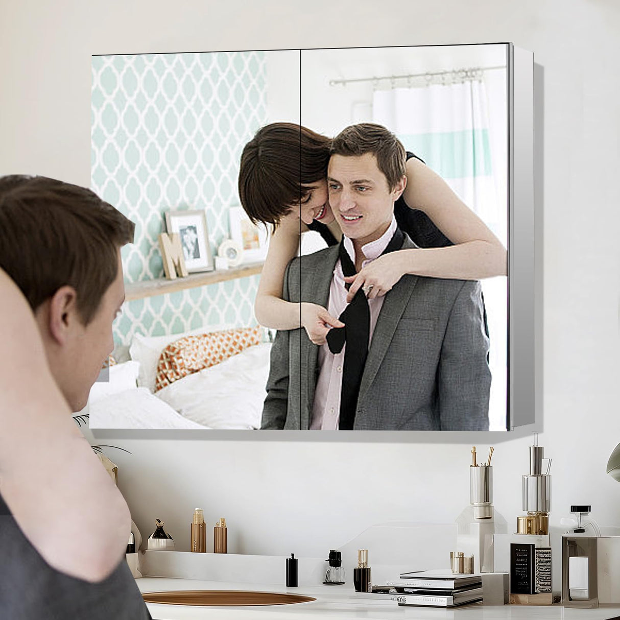 BROBIG Bathroom Medicine Cabinet with Mirror, 20x26 Recessed or Wall Mirror Medicine Cabinet with Storage Adjustable Glass Shelves, Beveled Edge Mirrored Door with Aluminum Cabinet Hinges BROBIG