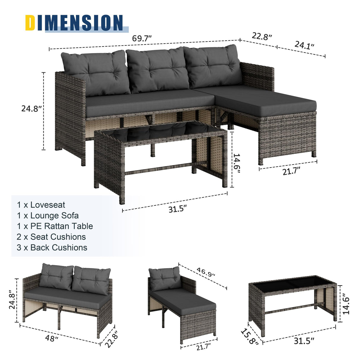 Vongrasig 3 Piece Patio Furniture Sets, All-Weather Wicker Outdoor Sofa Couch Sectional Set, Small Conversation Set for Patio, Garden w/Cushion, Glass Table, (Grey) Vongrasig