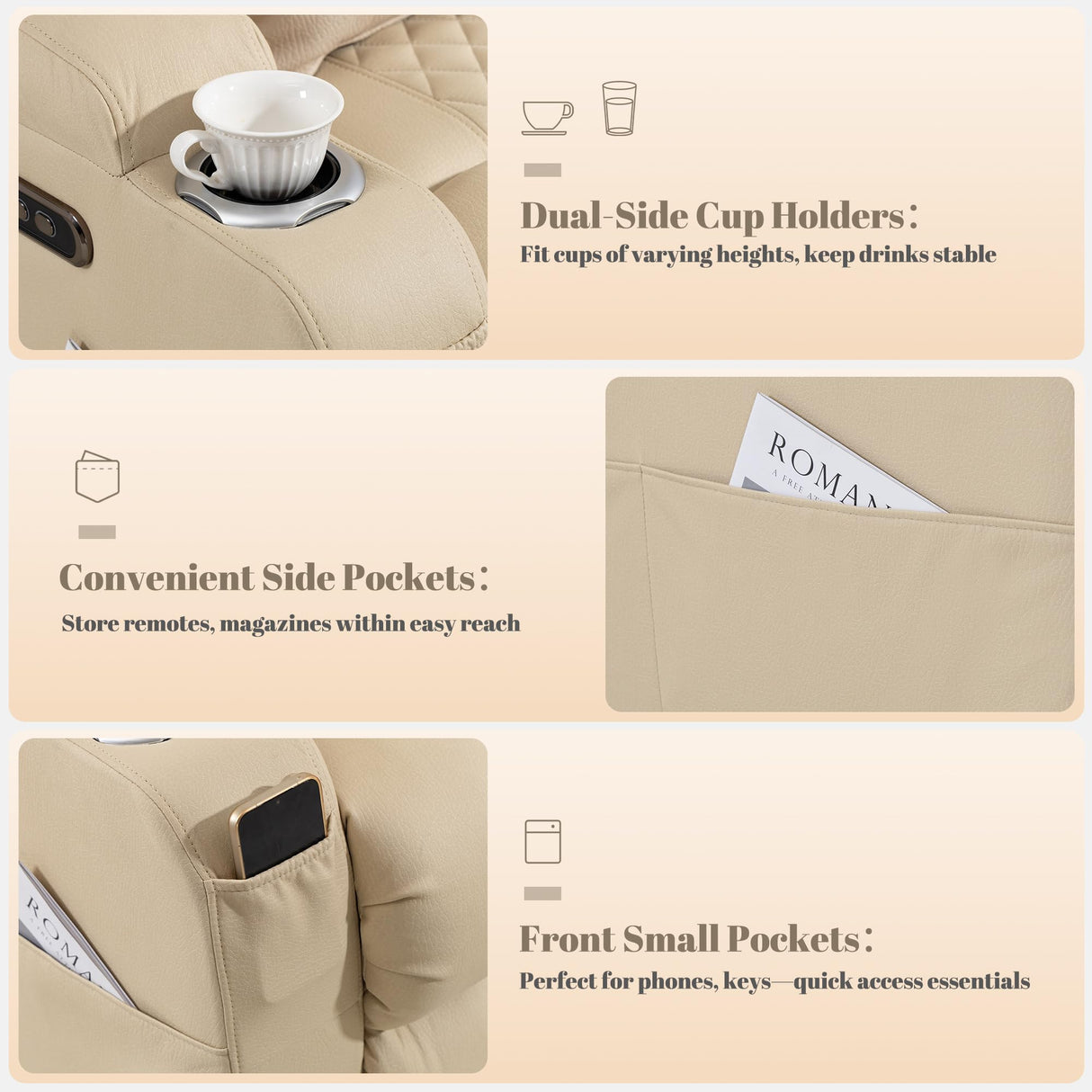 Neptane Zero Wall Hugger Power Reclining Loveseat with Adjustable Headrest, Power Loveseat Recliner Sofa with USB&Type-C Ports, Wall Hugger Loveseat Recliner for Living Room(Beige, 2 Seater) Neptane