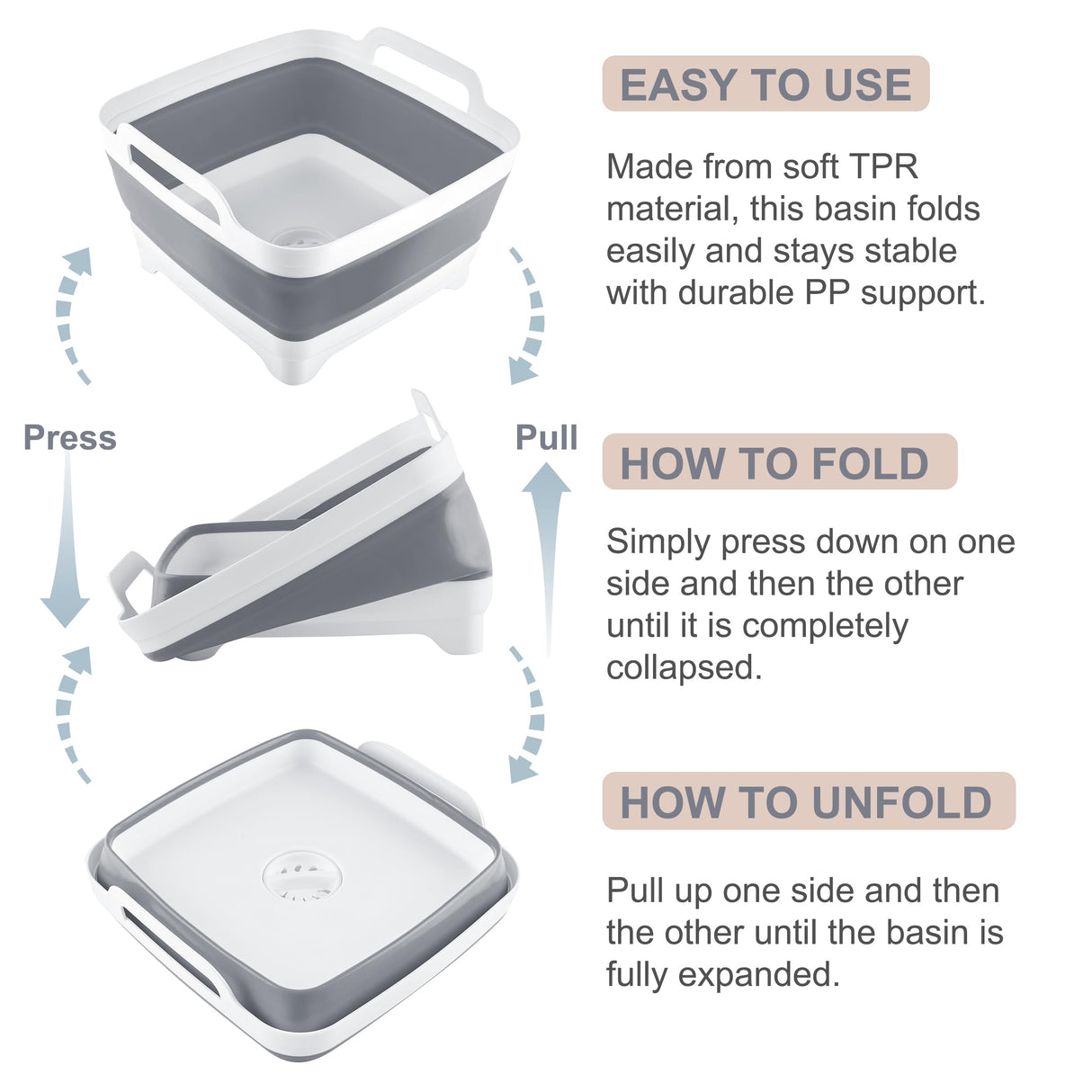 2.4 Gal(9L) Collapsible Dish Basin with Drain Plug, Space Saving Outdoor Multiuse Foldable Sink Tub, Dishpan, Kitchen Storage Tray for Camping, Vegetable Washing, RV (Gray) Goderewild