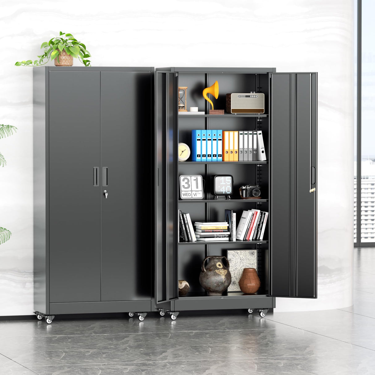 INTERGREAT Metal Garage Storage Cabinet with Wheels, Rolling Storage Cabinet with Locking Doors and 4 Adjustable Shelves,- 73" Steel Tool Cabinet for Home Office,Garage,Warehouse,Black INTERGREAT