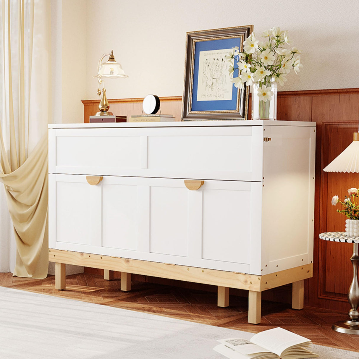 Queen Size Murphy Bed Cabinet Bed with USB Charging Station, Foldable Platform Bed Frame with Storage, White Merax