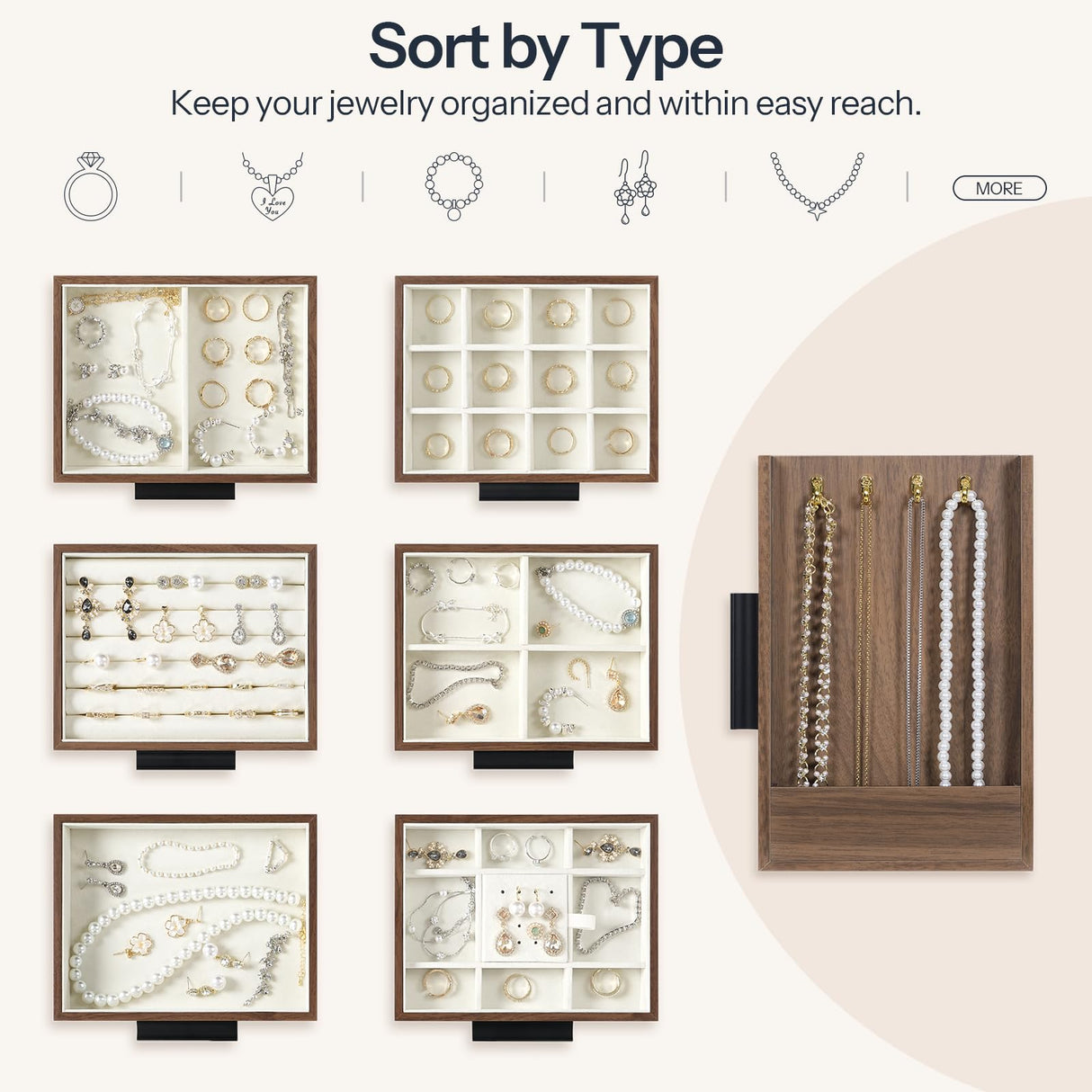 HOOBRO Jewelry Box for Women, Jewelry Organizer Box, 6-Tier Wooden Jewelry Box, Jewelry Case with Side Transparent Window, Creative Gift, for Earring, Necklace, Bracelet, Walnut and Black BH12JB04 HOOBRO