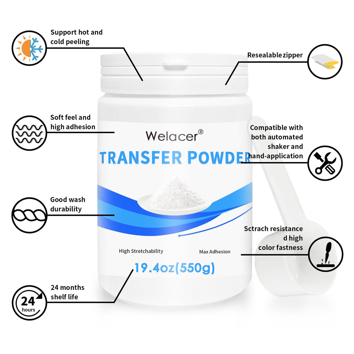 Welacer DTF Powder for Sublimation on Cotton 19.4oz / 1.21lbs, White DTF Pretreat Hot Melt Adhesive Powder for All Transfer Printer Direct Print on Dark or Black Fabric Welacer
