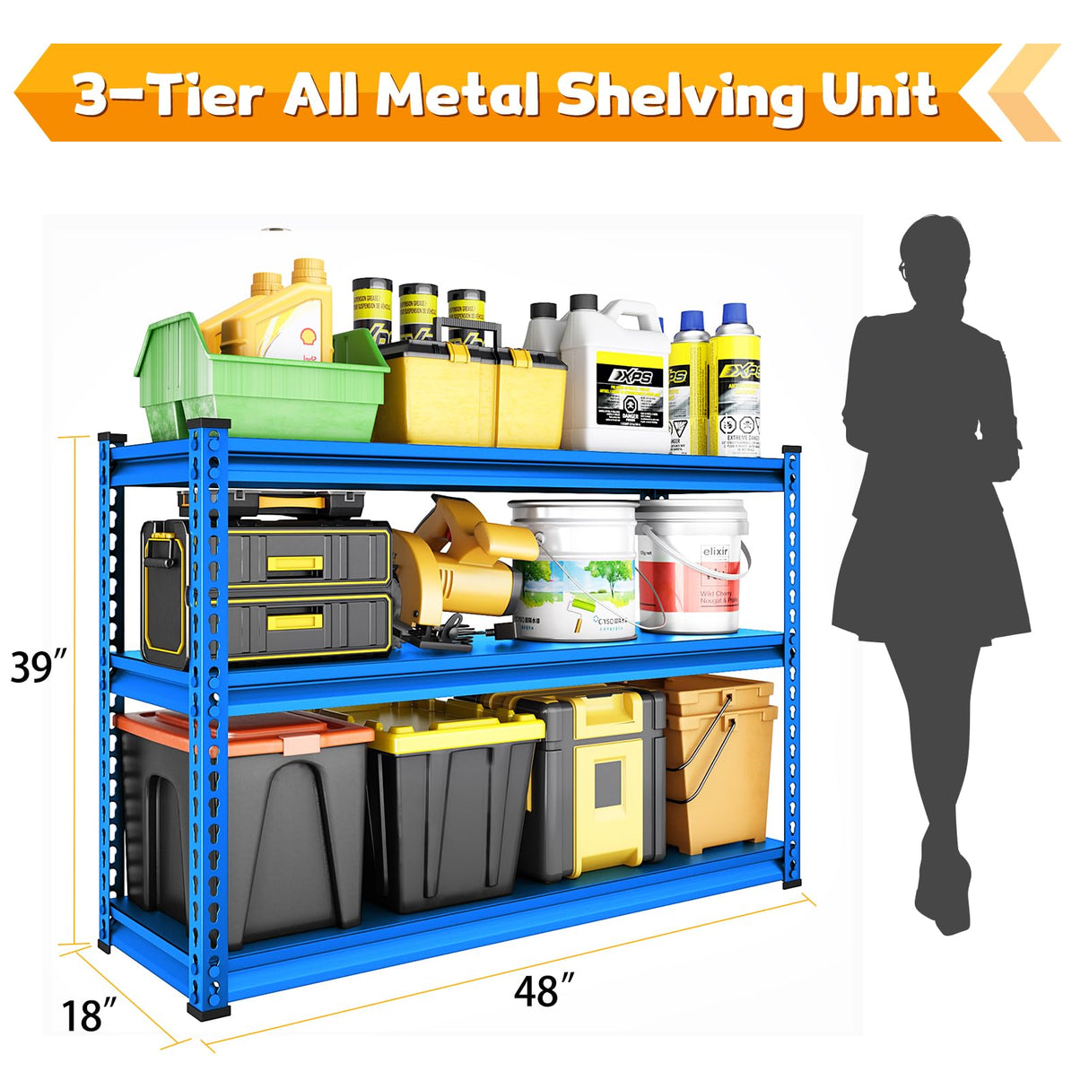 SDXYSTCE 48" W Garage Shelving Heavy Duty, 1500LBS Loads Adjustable Garage Storage Shelves, 3-Tier Metal Shelving Units and Storage Racks, Industrial Utility Shelf,48" Wx18 Dx39 H, Blue SDXYSTCE
