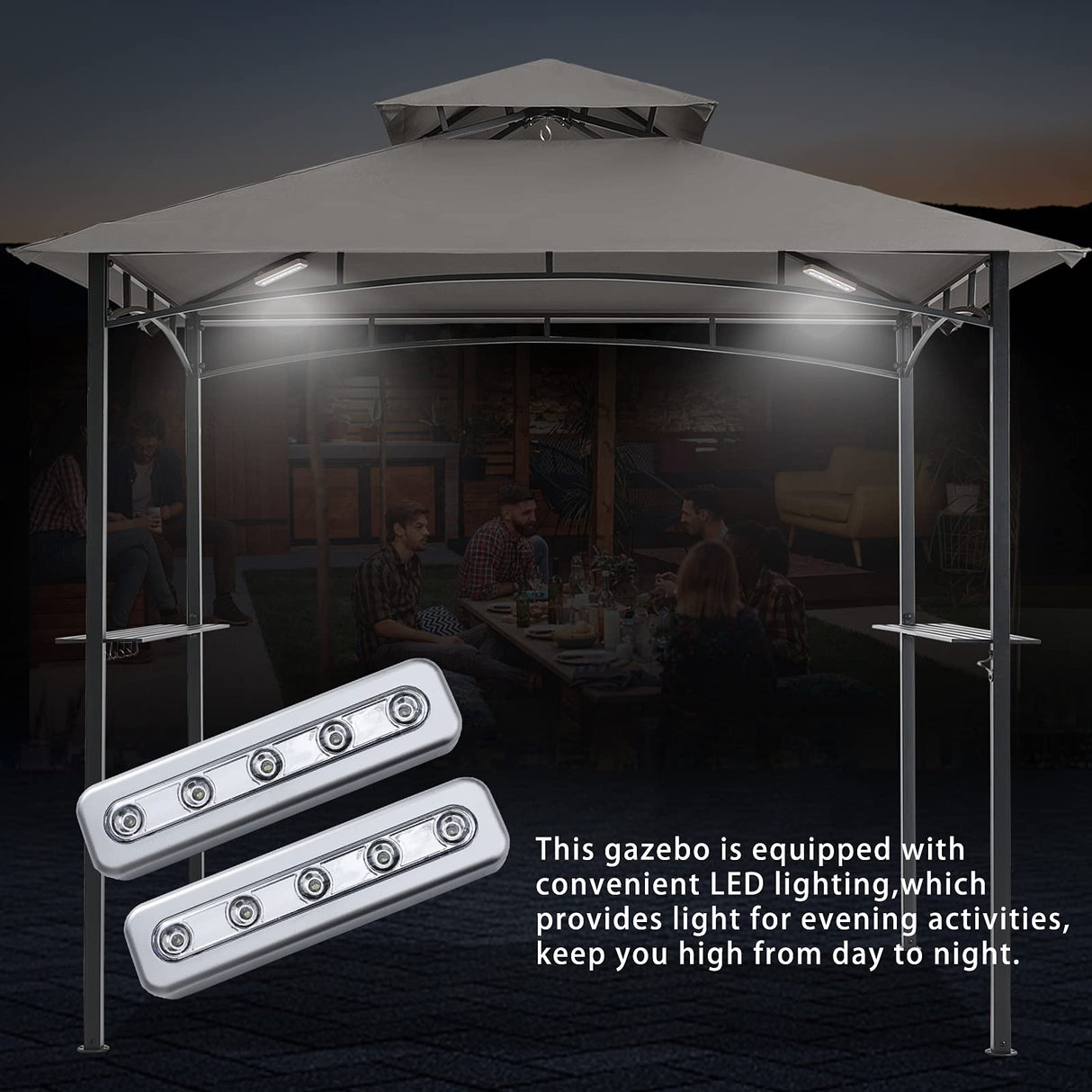 COOSHADE 8'x 5' Grill Gazebo Double Tiered Outdoor BBQ Gazebo Canopy with LED Light (Gray) COOSHADE