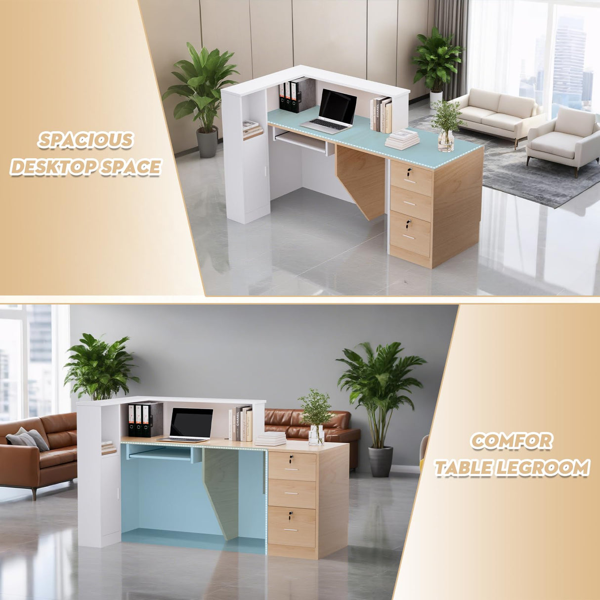 kaiwrxin L-Shaped Modern Reception Desk with Counter & Storage - 71" Large Office Front Desk, Salon Checkout Counter with Lockable Cabinets, Shelves (Oak & White, Right - 71''L x 34''W x 41''H) kaiwrxin