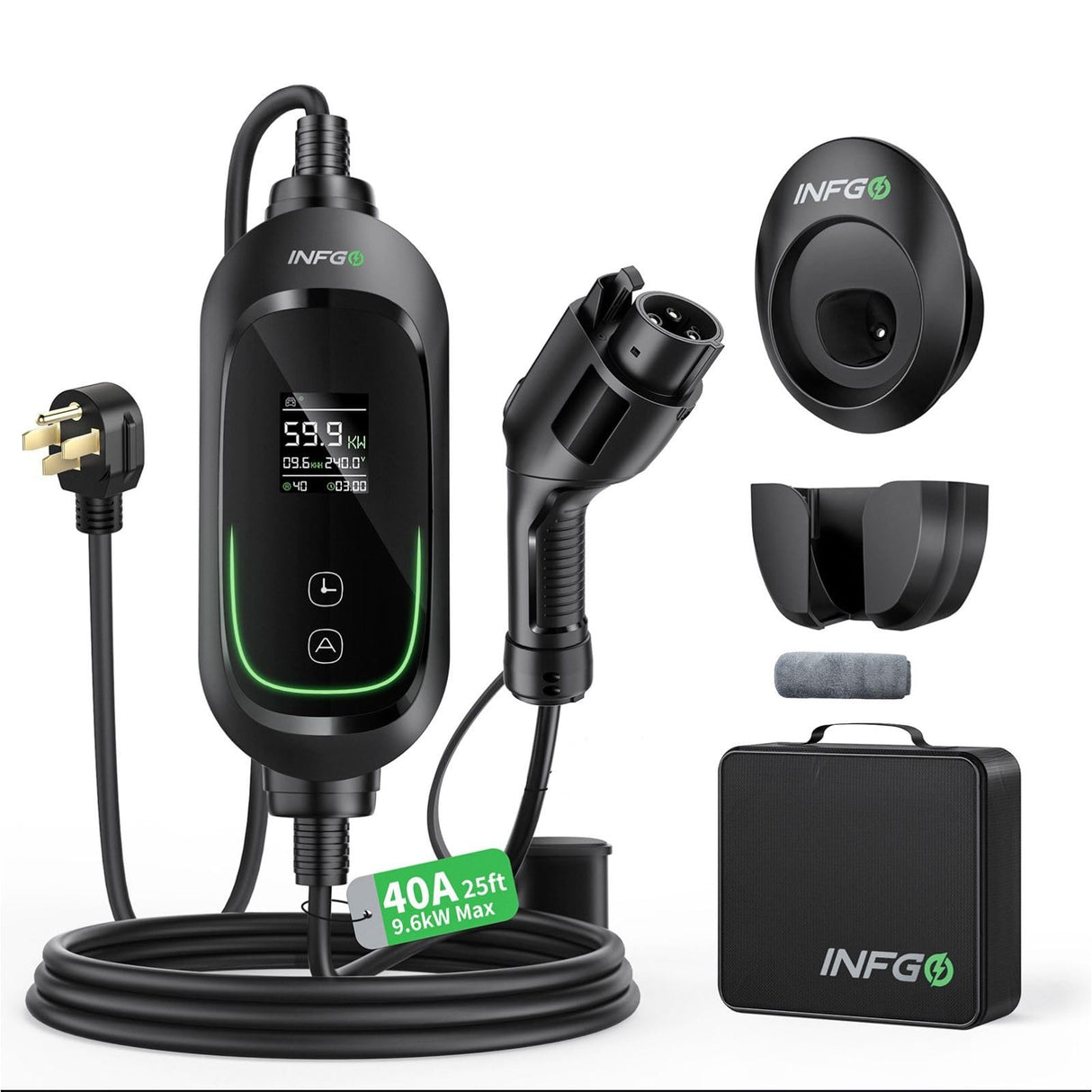 INFGO Level 2 EV Charger, 40 Amp, Portable EV Charger for Home, J1772, 25ft Cable, 240V, Charging Stations with LED Display and Breath Ring Indicator, NEMA14-50 Plug INFGO
