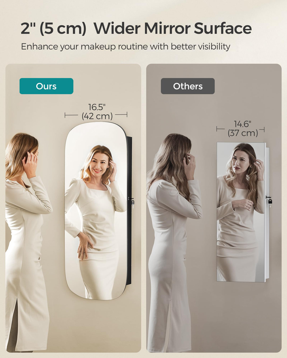 SONGMICS Jewelry Organizer, LED Jewelry Cabinet Wall or Door Mounted, Lockable Rounded Wide Mirror with Storage, Interior Mirror, 3.9 x 16.5 x 42.5 Inches, Black Surface with Black Lining SONGMICS