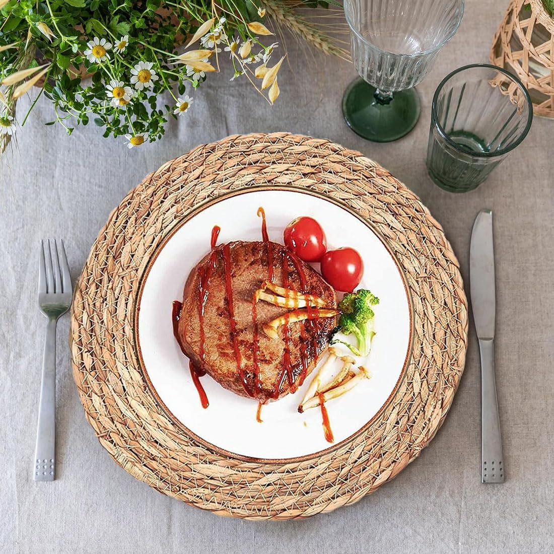 Round Woven Placemats Boho Rattan Placemats 12" Braided Wicker Table Mats Farmhouse Weave Place Mats for Dining Table Kitchen Home Wedding (Set of 3) Umpiyte