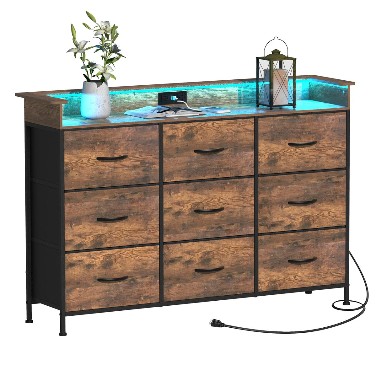 EXOTICA Industrial Dresser for Bedroom with Charging Station and LED Light Fabric Storage Dresser with 9 Fabric Drawers Chest of Drawers for Closet Hallway Sturdy Steel Frame Wooden Top EXOTICA