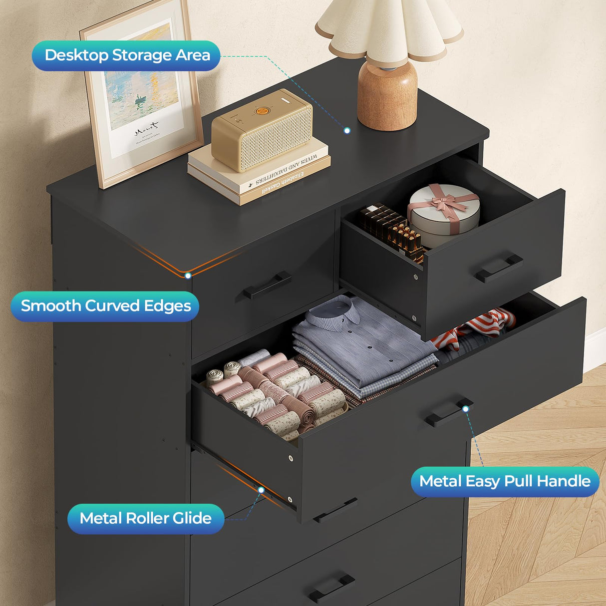 DICTAC Black Dresser for Bedroom with 7 Drawers, 55.7" Tall Dresser Chest of Drawers, Modern Large Wood Storage Dresser Organizer with Metal Handle, Vertical Dresser for Bedroom, Living Room, Nursery DICTAC