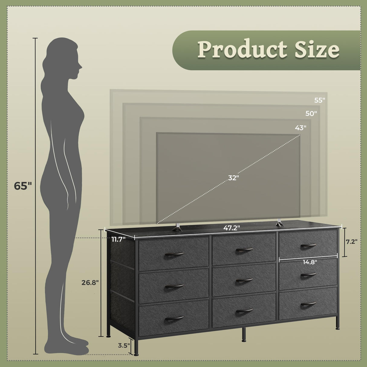 Huuger 9 Drawer Dresser, 47 Inch Dresser TV Stand for 50, 55 Inch TV, Entertainment Center with Drawers, Fabric Dresser Chest of Drawer for Bedroom, Closet, Black Huuger