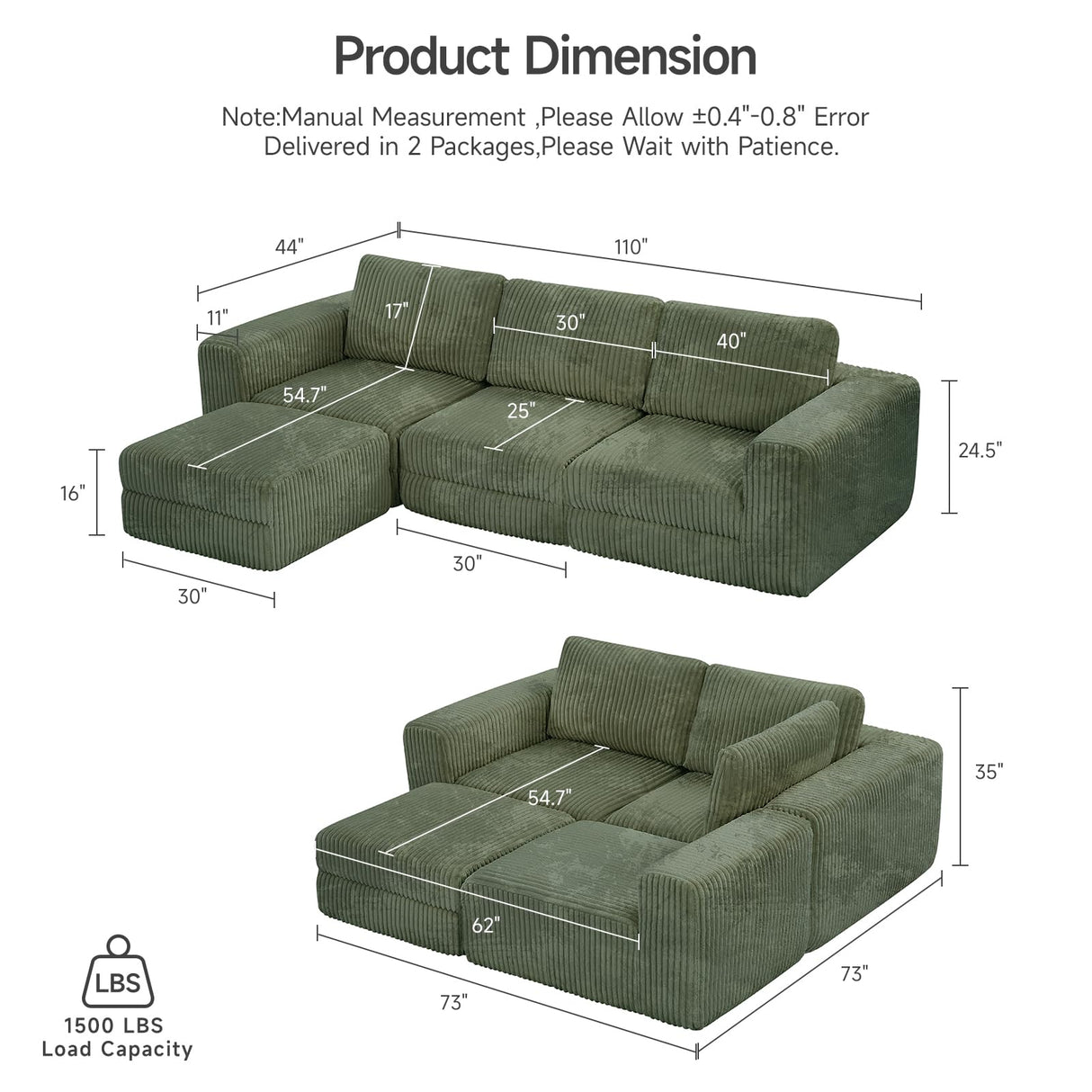 ONBRILL 110" Modular Sectional Sofa, L Shaped Couch 4 Seater with Sleeper Chaise, Sectional Couch with Deep Seat,Upholstered Corduroy Cloud Couches for Living Room,Bedroom,No Assembly Required,Green ONBRILL