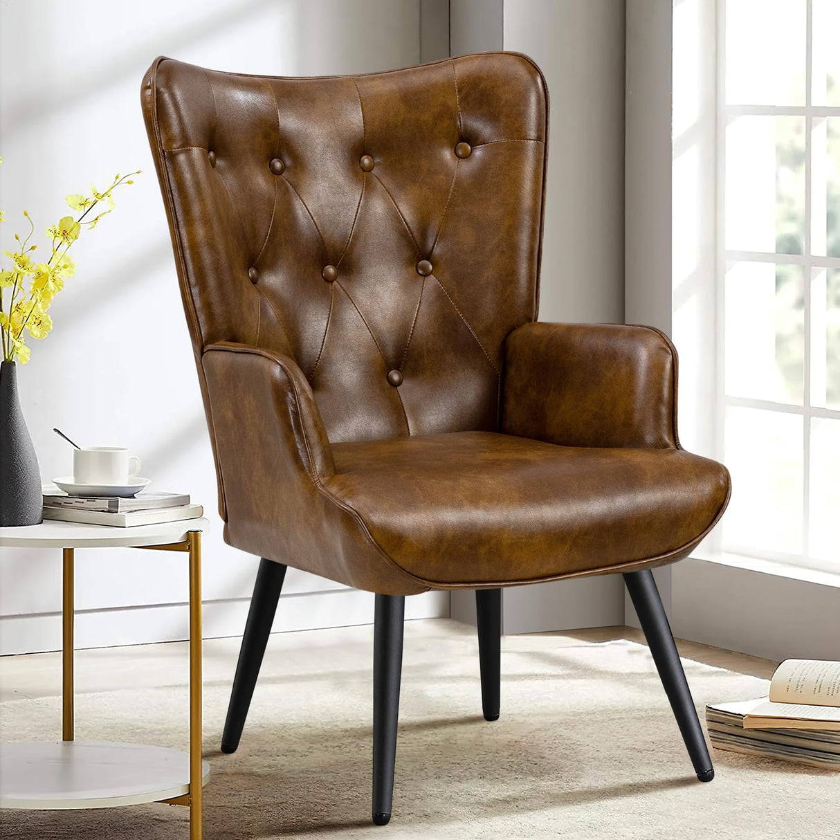 Furniliving PU Leather Accent Chair for Living Room, Upholstered Reading Chair with High Backrest, Tufted-Button Wingback Armchair for Bedroom, Dressing Room, Home Office, Brown Furniliving