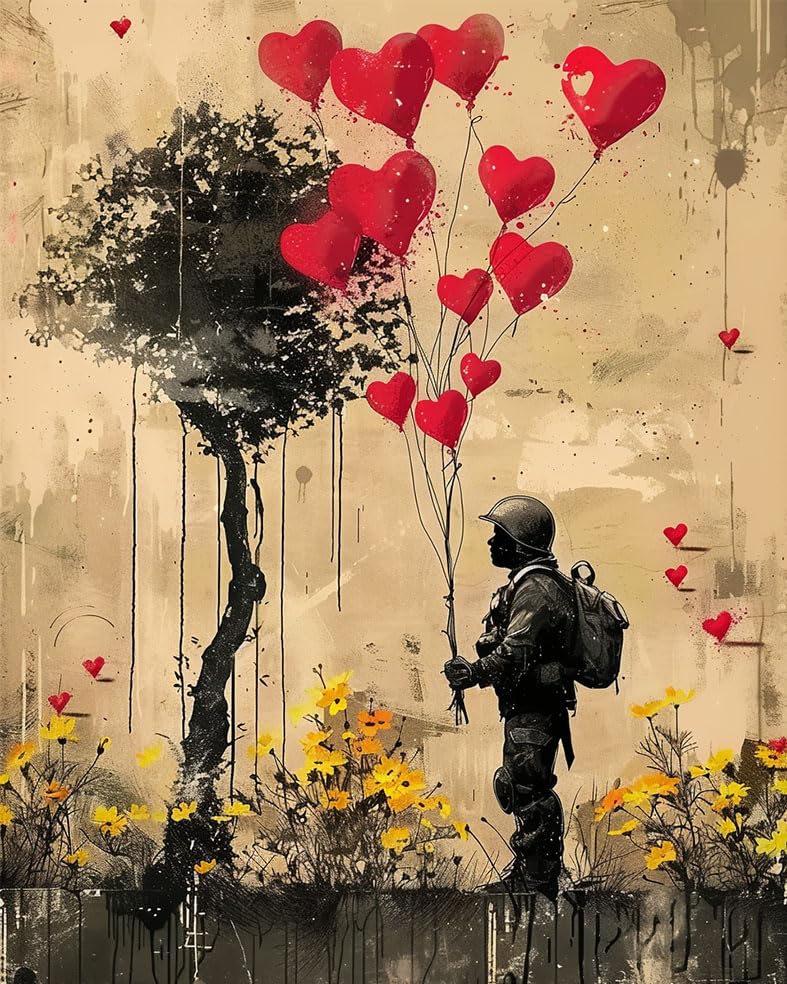 Soldier Holding a Balloon Paint by Numbers for Adults Beginners Street Graffiti Style DIY Acrylic Paint by Numbers Kits on Canvas Soldiers Paying Tribute Under Tree Paintwork 16x20inch(without Frame) MSTINGSHUN