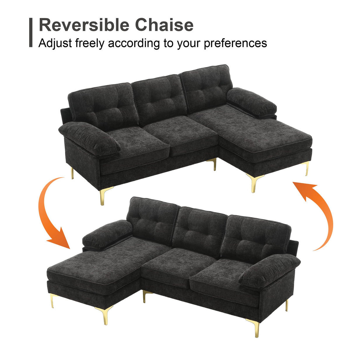 CALABASH 83" L Shaped Sectional Sofa, Chenille 3-Seater Sofa with Reversible Chaise, Modern Soft Cushion Fluffy Armrest Convertible Couch for Living Room Apartment Small Spaces (Black) CALABASH