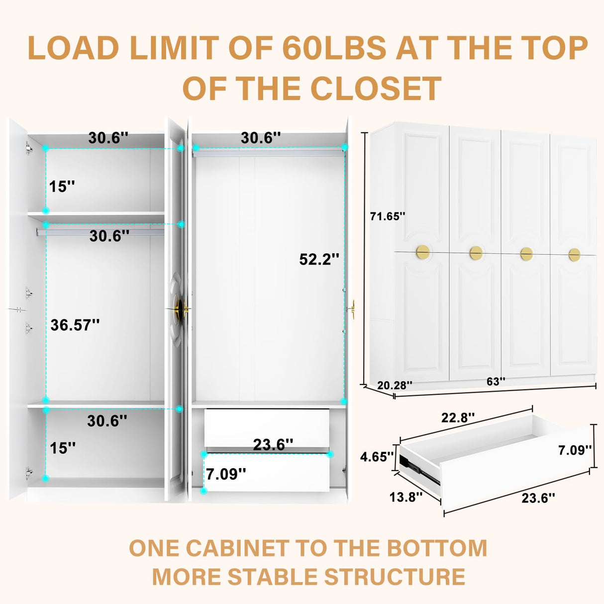 Wakefit Armoire Wardrobe Closet, 4 Doors Wooden Wardrobe Closet Cabinet, 71" Bedroom Armoires with Hanging Rod Shelf, Freestanding Wardrobe Cabinet for Bedroom, Guest Room, White Wakefit