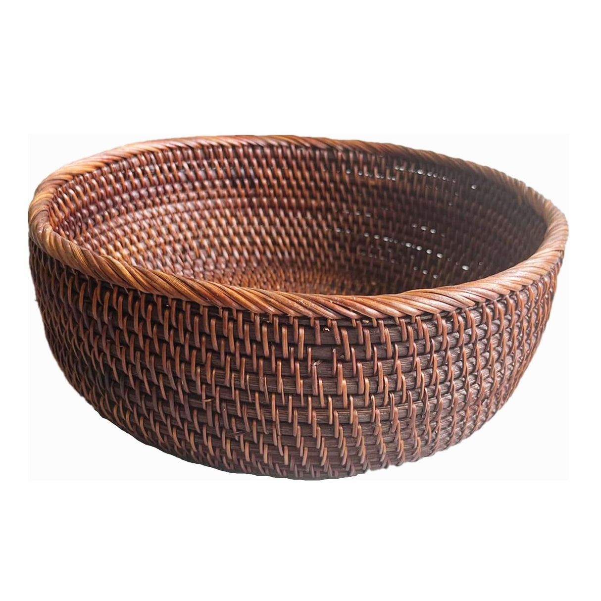 AMOLOLO 10 Inch Round Rattan Bowl Basket, Handmade Wicker Basket Tray with Scalloped Edge and 4”Deep Wall, Decorative Woven Dark Brown Bread Basket Fruit Bowl Key Holder Table Centerpiece, L amololo