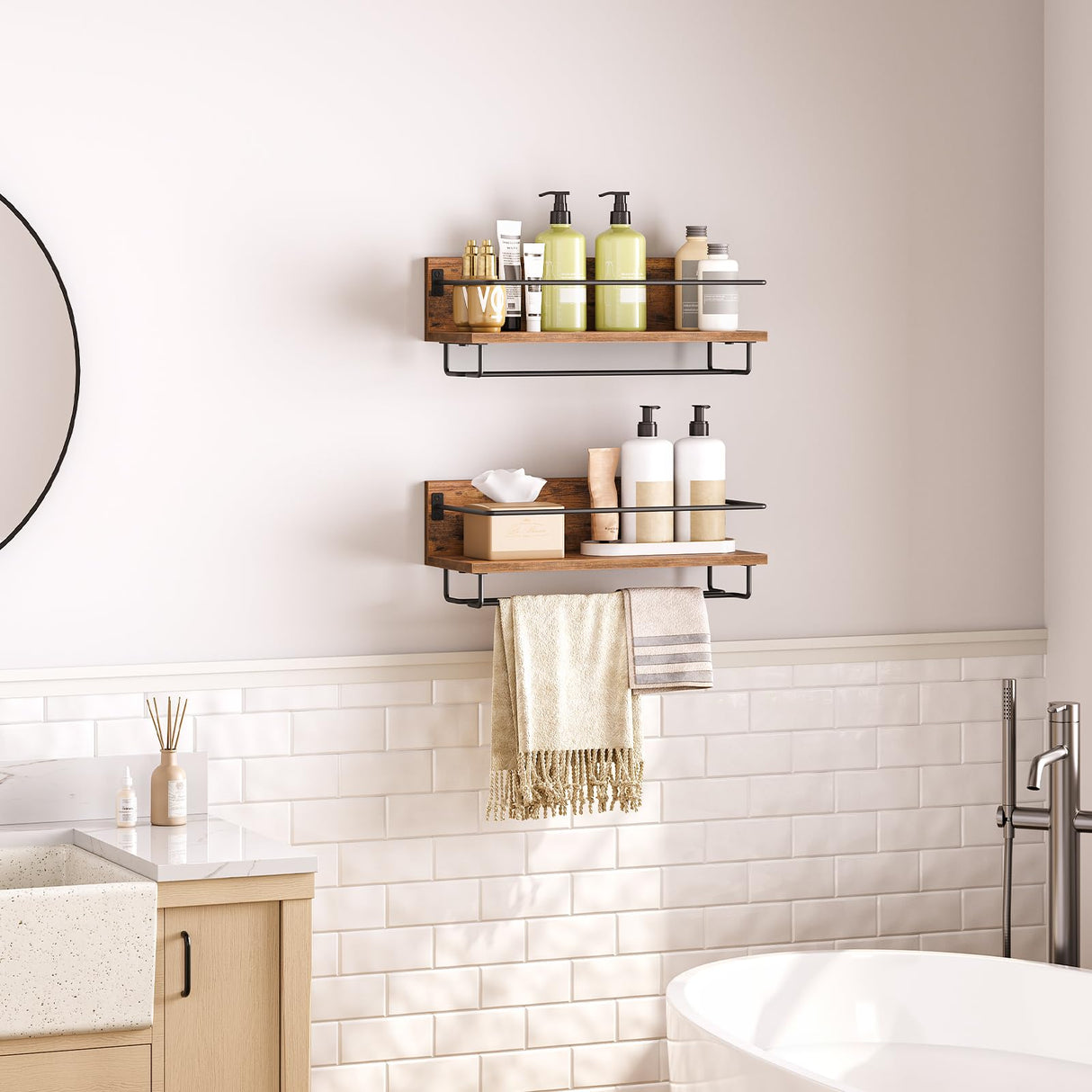 HOOBRO Wall Mounted Wine Rack 2 Pack, Wine Shelf Hanging Floating Wall Shelves, Wine Glass Bottle Rack Stemware Holder, for Living Room, Dining Room, Kitchen, Rustic Brown and Black BF28BJ01 HOOBRO