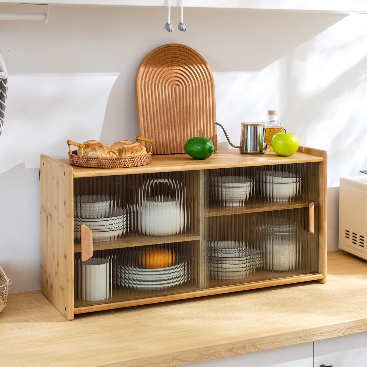 HollyHOME Burlywood Bamboo Wall-Mounted Kitchen Pantry with Sliding Glass Doors and Ample Storage HollyHOME