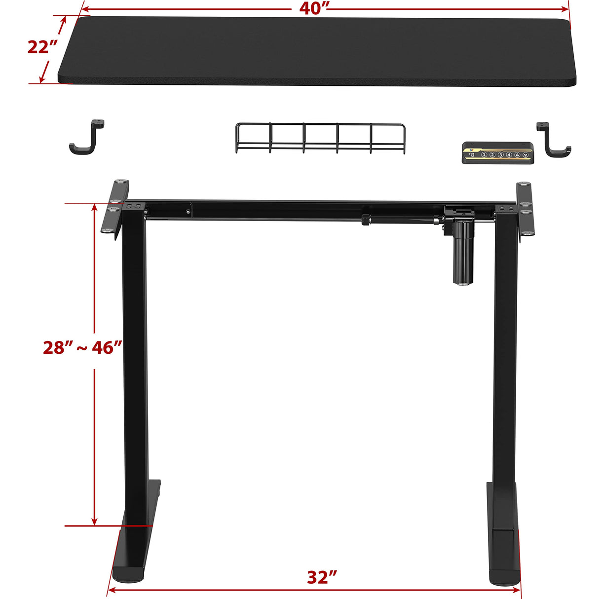 SHW Small Electric Height Adjustable Sit Stand Desk with Hanging Hooks and Cable Management, 40 x 22 Inches, BlackFrame and Black Top SHW